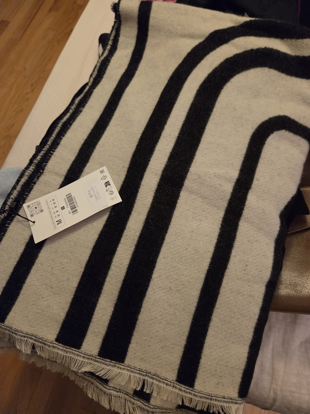 Zara Black and Cream Striped Wool Blend Scarf